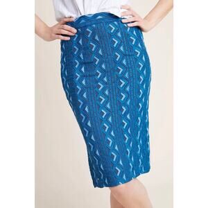 Anthropologie Sienna Embroidered Pencil Skirt Turquoise Geometric Size 6
